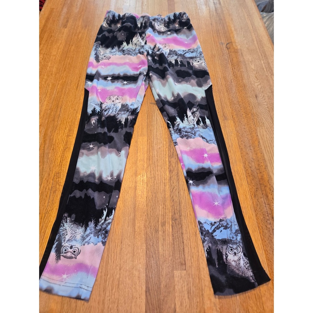 No Boundaries Women LG Purple Black Owl Mountain Night‎ Sky Mesh Panel Legging